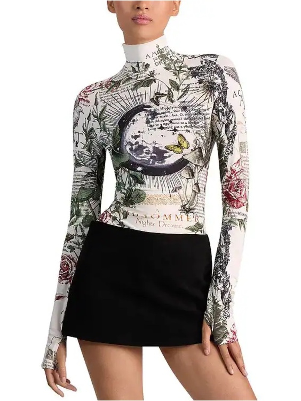 Alice + Olivia Delaina Turtleneck Top Midsommer Celestial Graphic Print XS